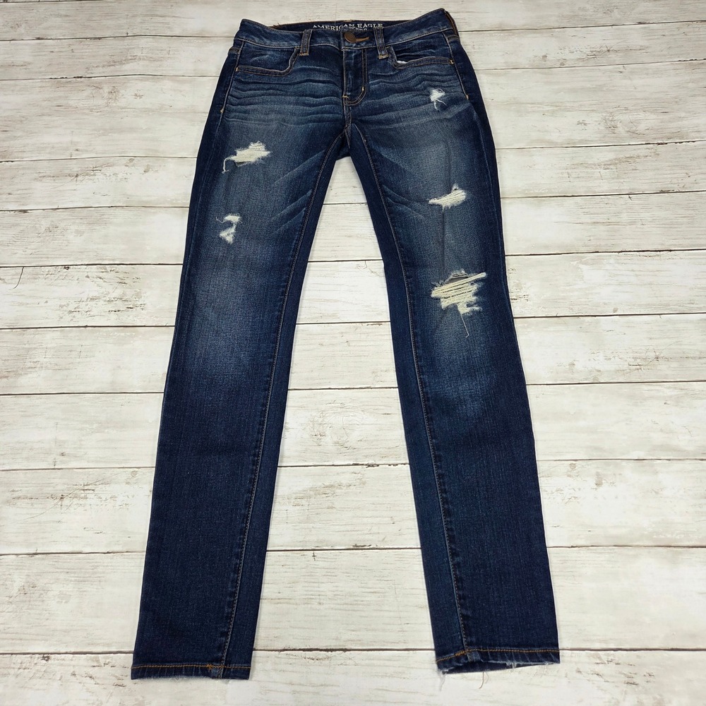 American Eagle Jegging Distressed Denim Jeans Womens 2 Short Dark Wash Slim